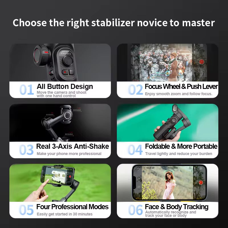 AOCHUAN 3-Axis Handheld Gimbal Stabilizer for Smartphones with Integrated Fill Light and Face Tracking for iPhone and Android - Ideal for TikTok and Vlogging