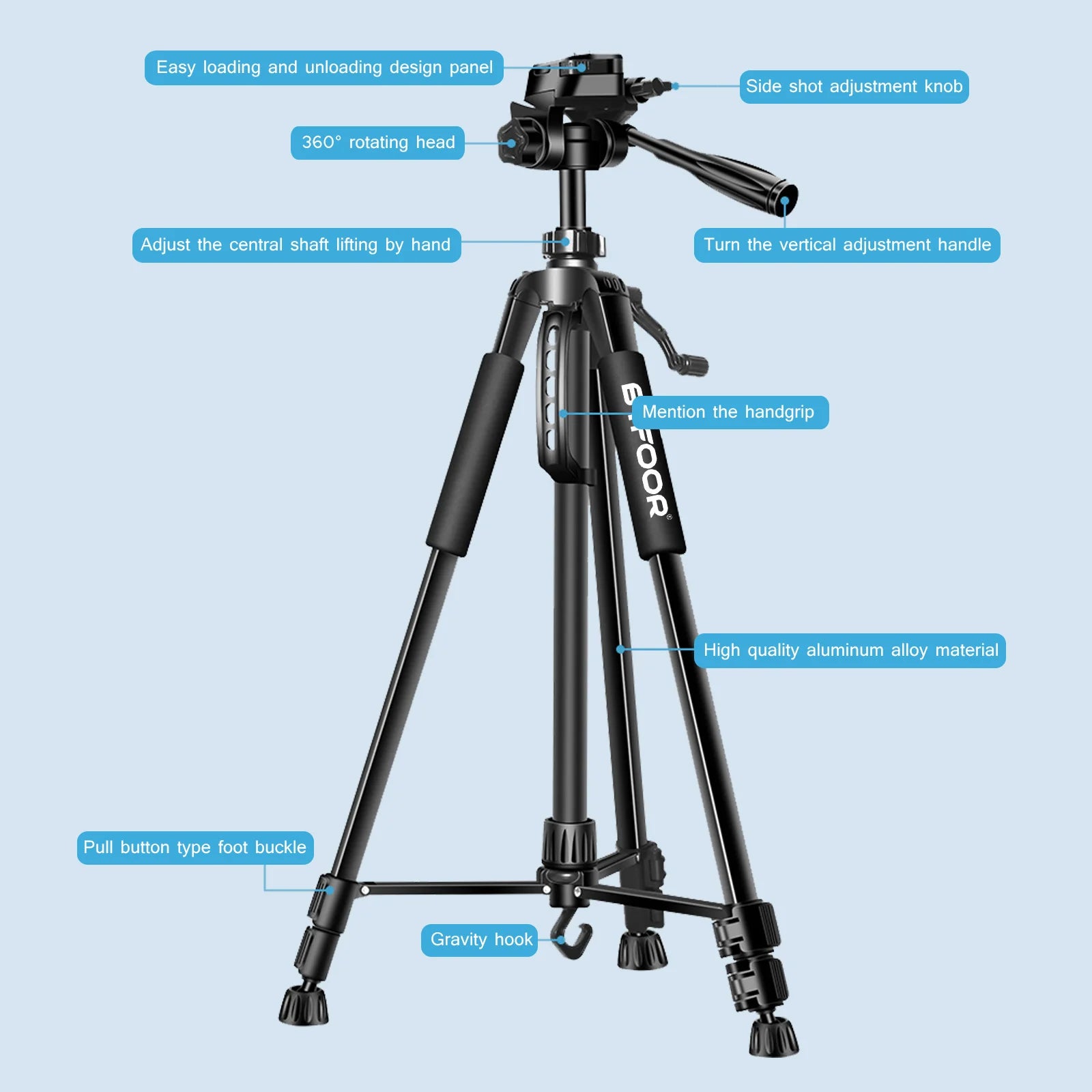 Aluminum 55” (140CM) Selfie Tripod Stand with Quick Release Plate and Pan Head for Canon Nikon DSLR and SLR Cameras