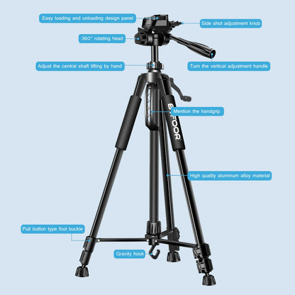 Aluminum 55” (140CM) Selfie Tripod Stand with Quick Release Plate and Pan Head for Canon Nikon DSLR and SLR Cameras